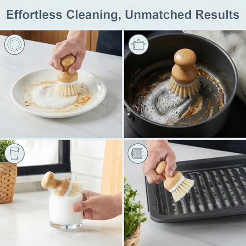 ONEMORE Bamboo Dish Brush with Ceramic Foaming Base, Kitchen Sink Scrub Brush Set with Spring and Mesh Insert, Wooden Handle Dishwashing Brush for Pots Pans Plates Bowls, White - Image 3