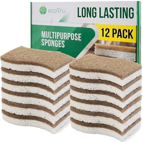 12 Pack Washing Up Sponges, Eco Kitchen Dish Cleaning Sponges, Biodegradable & Compostable Natural Cellulose Sponge with Coconut Fibre Scrubber, Non-Scratch Heavy Duty Scouring Pad by ecoTru