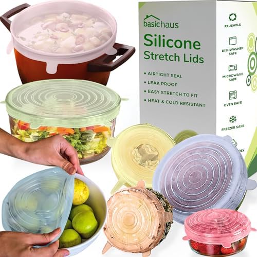 Reusable Silicone Stretch Lids for Food Storage in Fridge - Elastic Heat-Resistant Bowl Covers, Cups, Cans, Jars - Universal Food Grade Lid for Round and Rectangle Containers - 7 Pack - Colorful by BasicHaus