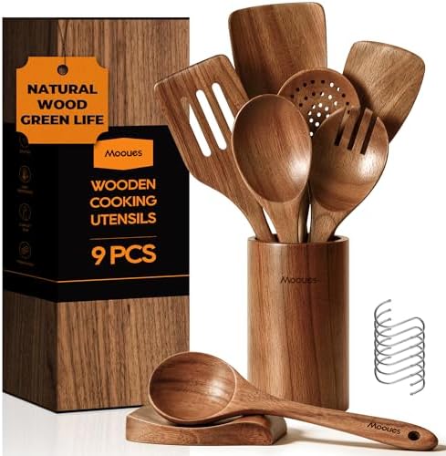 Mooues 9 Piece Natural Acacia Wooden Spoons for Cooking by Mooues