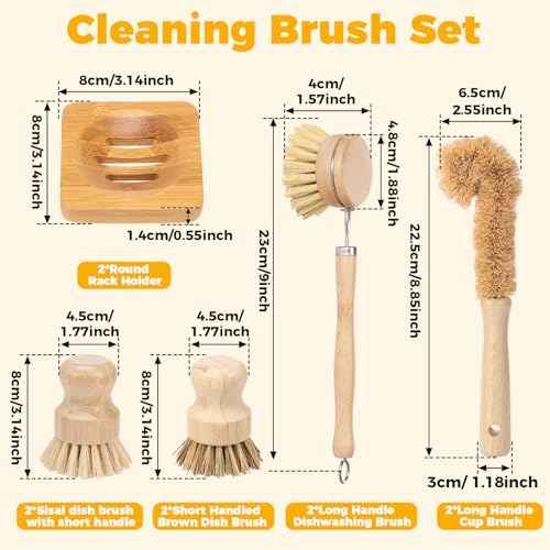 10 Pcs Bamboo Dish Brush Set, Wooden Dish Brush with Long Handle Cup Brush, Short Handle Sisal & Coarse Brushes, Square Rack Tray, Natural Bamboo Bottle Brush for Pots, Pans,Vegetables - Image 2