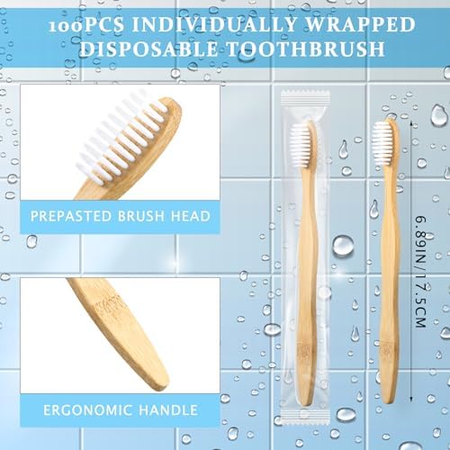 Sliner 100 Pcs Disposable Bamboo Toothbrushes Prepasted - Image 2