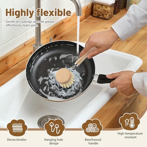 Dish Brush with Handle, Replaceable Natural Bamboo Vegetable Brush with 5 Sisal Brush Heads and Hanging Hook, Multipurpose Kitchen Scrubber for Pots, Pans and Cutting Boards (Natural Wood Colour) - Image 5