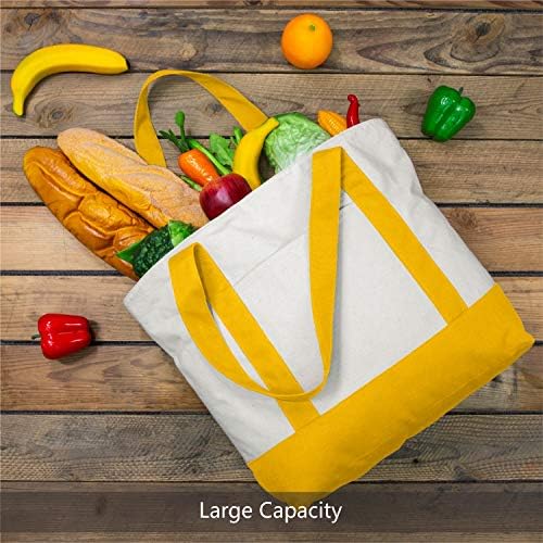 TOPDesign 1-Pack Canvas Tote Bag with an External Pocket, Reusable Grocery Shopping Bag, Top Zipper Closure, Daily Essentials (Yellow/Natural) - Image 4