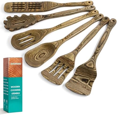 HOWHONG Wooden Spoons for Cooking, 6-Piece Pakkawood Wooden Utensil Set by HOWHONG