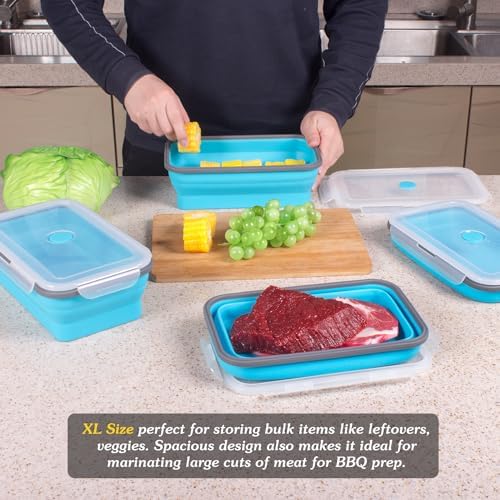 Extra Large Collapsible Food Storage Containers with Lid & Air Vent, 58 oz, 4 Pack, XL Collapsible Marinade Container with Lid Foldable Silicone Containers, Microwave Freezer Dishwasher Safe, Blue - Image 2