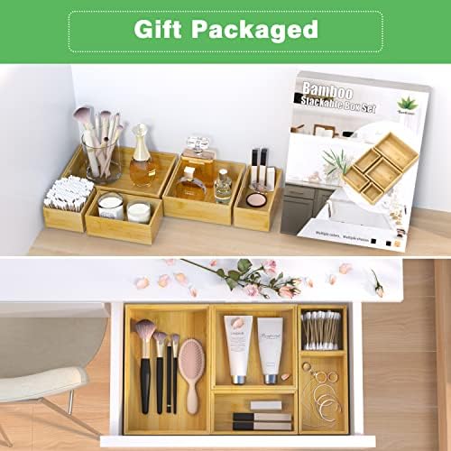 Bamboo Bathroom Drawer Organizer Dividers, Wooden Kitchen Utensil Holder Set of 5, Stackable Junk Drawer Organizer Tray, Multi-Use Storage Bins Boxs for Home, Office, Clothing, Makeup, Jewelry - Image 3