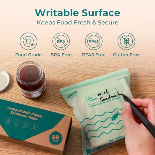 Fit Meal Prep 50 Pack 100% Compostable Sandwich Bags, 6.5 x 6.7" Resealable Food Storage Freezer Bags, Eco Friendly Snack Bags for Travel, ASTM D6400, US BPI & EU OK Compost Certified - Image 4