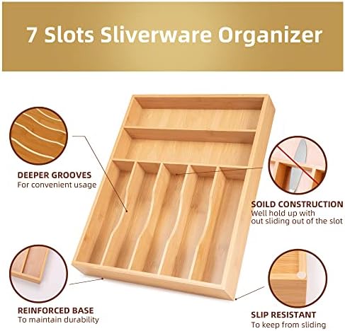 Besilord Silverware Organizer Kitchen Drawer Organizer Utensil Organizer Bamboo Silverware Holder Cutlery Organizer in Drawer Flatware Organizer Tray(7 slots, Natural - Image 3