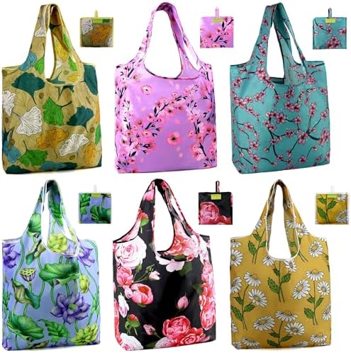 BeeGreen Flower Reusable Shopping Bags Cute Grocery Bag 6 Pack, Christmas Gift Bags Heavy-Duty Foldable Shopping Totes for Supermarket, Work & Travel, Large Washable Polyester Tote Bag with Handles by BeeGreen