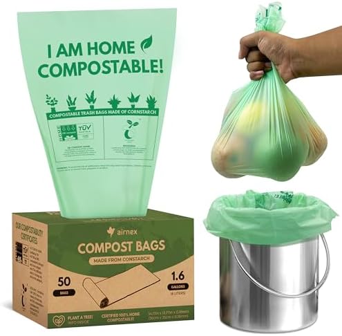 AIRNEX Small Compost Bags 1.6 Gal - 50 Compostable Kitchen Trash Bags for Countertop Bin - Cornstarch Leakproof & Tear-Resistant - OK Compost Home & Seedling Certified 0.18 mm Kitchen Garbage Bags by Airnex