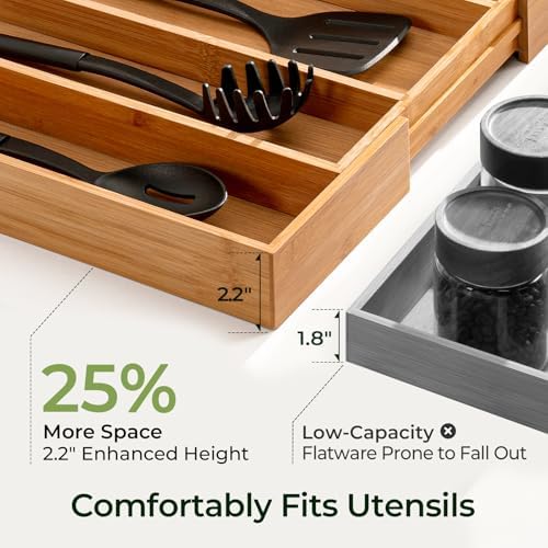 Carbonized Bamboo Kitchen Drawer Organizer, 5 Slots Expandable Silverware Organizer, Utensil Holder & Cutlery Tray, 2.2" Deep for Extra Capacity, Non-Slip Feet Included. - Image 5