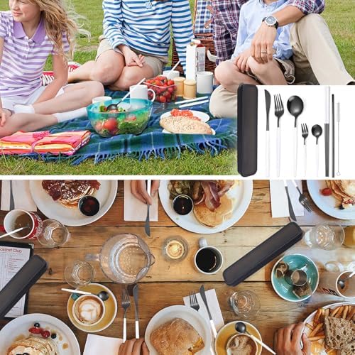 AARainbow 8 Pieces Stainless Steel Flatware Set Portable Reusable Cutlery Set Travel Utensils Set Including Chopsticks Knife Fork Spoon Straws Cleaning Brush Dishwasher Safe (White black) - Image 5