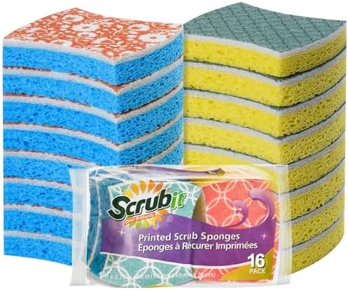 SCRUBIT Non-Scratch Cellulose Scrub Sponge - Soft and Easy Grip - Kitchen Sponges for Cleaning - 16-Pack Dual Sided Scrubby Sponges for Pots, Pans, Kitchen, and More by SCRUBIT