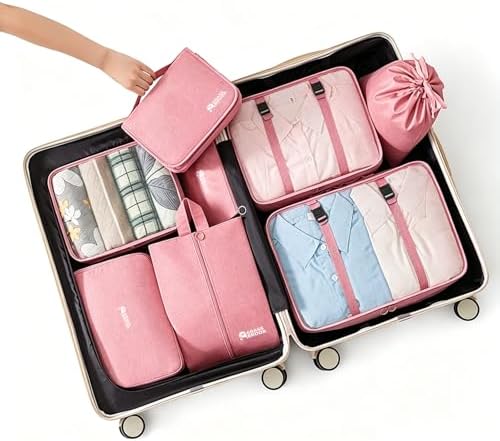 8 Set Packing Cubes for Travel Essentials With Hanging Toiletry Bag for Women, Lightweight Suitcase Organizer Bags with Mackup bag, Carry On Luggage Accessories (Pink) - Image 4