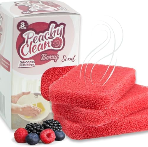 Peachy Clean Silicone Dish Sponge Scrubbers, Fresh Berry Scent, Non-Scratch, Odor-Resistant, Durable Dish Sponges for Kitchen 3pk by PeachyClean