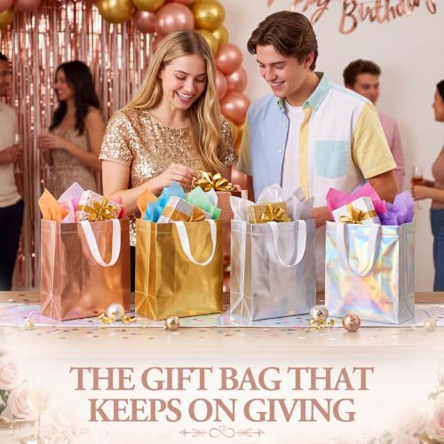 Eccliy 80 Pcs Reusable Gift Bags Set Glossy Grocery Gift Tote Bag with Handle for Wedding, Back to School, Halloween, Summer Party (10 x 8 x 4.7 Inch,Gold,Silver,Rose Gold,Holographic) - Image 4