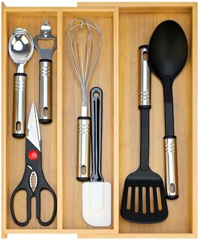 Large Bamboo Kitchen Utensil Drawer Organizer Expandable Silverware Tray by Hilislog