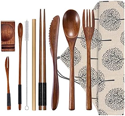 Wooden Utensil Flatware Set Reusable Utensils Travel Cutlery Set for Eating with Case, 10 Pcs Wooden Spoon and Fork Set Bamboo Flatware Set with Wooden Knife, Fork, Spoon, Chopsticks, Straws and Brush by Wsevinn