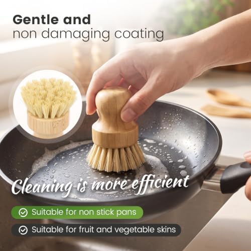 6-Piece Bamboo Dish Brush Set with Vegetable Brush Yellow - Image 6