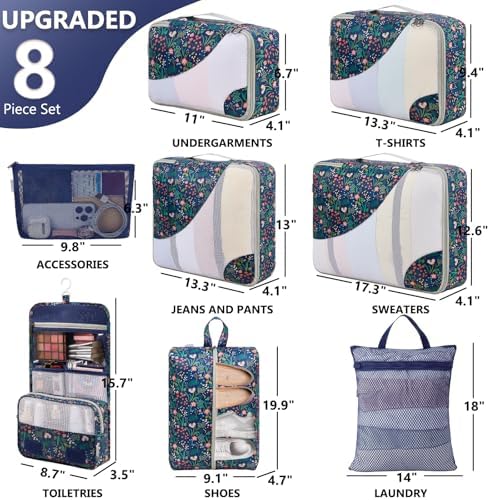 OlarHike Packing Cubes for Travel,Gifts for Women Mom,Anti-Tearing Suitcase Organizer for Luggage with Shoe & Hanging Toiletry Bag,Vacation Essentials,8 Set,Dark Blue Floral - Image 2