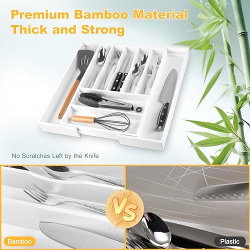 Large Premium Bamboo Silverware Organizer - Expandable Drawer Organizer & Utensil Organizer - 17"x19.7" Cutlery Tray with Dividers for Kitchen Utensils and Flatware (7-9 Slots) (White) - Image 5