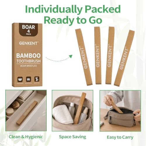 GENKENT Boar Bristle Bamboo Toothbrushes, 4 Pack, Natural Bristle Toothbrush Set - Image 6