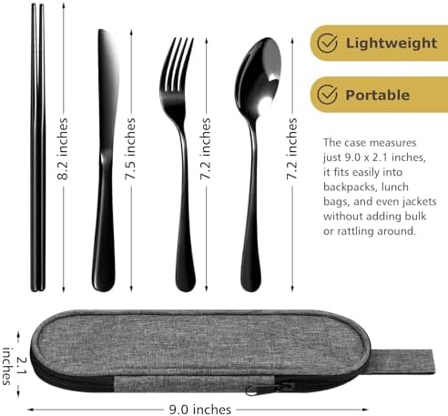 Matte Black 5-Piece Stainless Steel Travel Utensil Set with Waterproof Case, Reusable Portable Flatware Includes Knife, Fork, Spoon, Chopsticks for Camping, Office, Picnic & Daily Use - Image 4