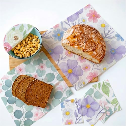 Reusable Beeswax Wraps, Watercolor Floral Beeswax Wraps, 9 PCS Eco-Friendly Food Storage, Organic Cotton, Sustainable, Zero Waste, Plastic-Free, For Sandwich, Bread, Bowl, 1XL, 3M, 5S - Image 4