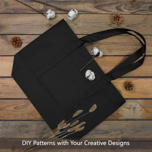 TOPDesign 6-Pack Canvas Tote Bags with an External Pocket, Reusable Grocery Shopping Bags, Top Zipper Closure, Daily Essentials (Black) - Image 4