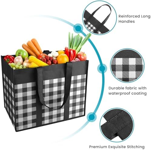 WOWBOX Reusable Grocery Bags,10-Pack, Foldable Reusable Shopping Tote Bags bulk with Reinforced Handles,Large Storage Bags with Water Resistant Coating for Groceries,Multipurpose,Black-White - Image 5