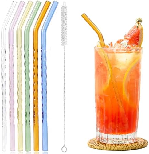 6-Pack Reusable Glass Straws Set, Clear Glass Drinking Straw, Cute Colorful Straws with Cleaning Brush, 8''x8MM by CteaTs