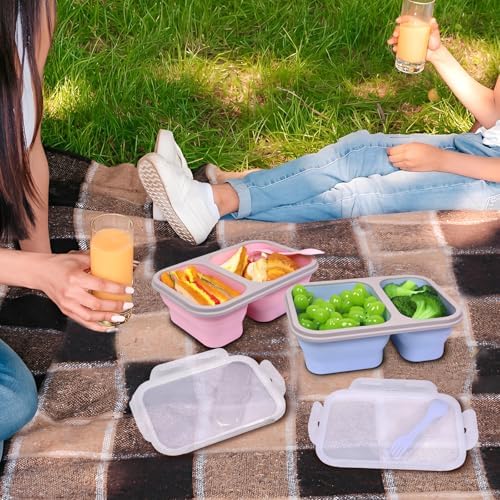 2 Pack Collapsible Silicone Bento Lunch Boxes With Lids,2 Compartments, Divided Lunch Food Storage Containers, 37.2 oz, Safe in Microwave, Dishwasher and Freezer, BPA Free - Image 2
