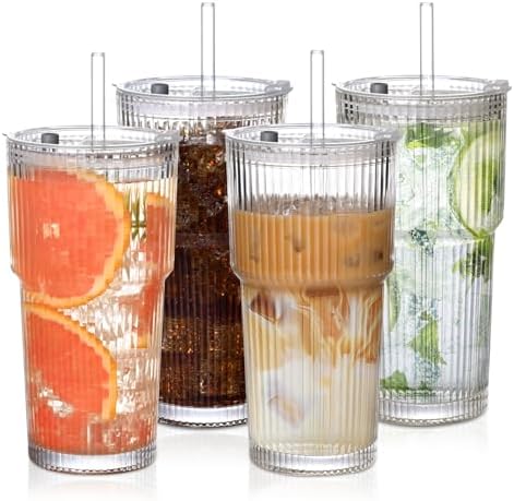 20oz Ribbed Glass Cups with Lids and Straws,4PCS Glass Tumbler with Straw and Lid, Iced Coffee Cups Drinking Glasses for Juice,Smoothies,Cocktail by AUFXKOO