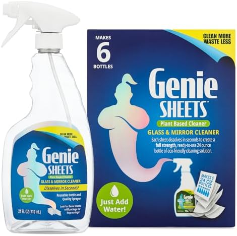 Genie Sheets Glass & Mirror Cleaner | 1 Bottle with Foaming Sprayer + Concentrate Makes 6 24oz Refills | Professional-Strength | Just Add Water | Sustainable EcoFriendly Plant-Based by MicrofiberWholesale