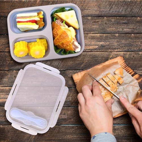 2 Pack Big Collapsible Silicone Bento Lunch Boxes With Lids spoons forks,3 Compartments, Divided Lunch Food Storage Containers, Safe in Microwave, Dishwasher and Freezer, 45.6oz, (Pink+Blue) - Image 7