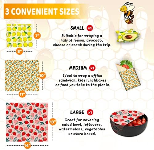 Beeswax Wrap - 3 Pack, Beeswax Wraps For Food, Organic, Sustainable, Biodegradable, Zero Waste, Reusable Beeswax Food Wrap, 1L Strawberry, 1M Orange, 1S Lemon Patterns - Image 3