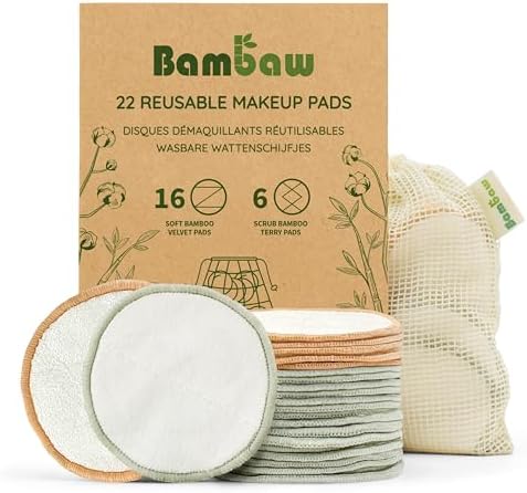 Bambaw Reusable Makeup Remover Pads, 22 Face Rounds with 1 Bag for Laundry & Storage, Washable Cotton Rounds, Soft & Exfoliating Reusable Face Pads by Bambaw