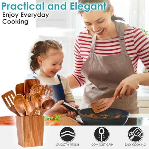 HOWHONG Acacia Wood Cooking Utensils Set - 11pc Wooden Spoons - Image 4