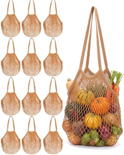 Eccliy 12Pcs Reusable Cotton Mesh Grocery Bag with Handle, Coffee, 10 in by Eccliy