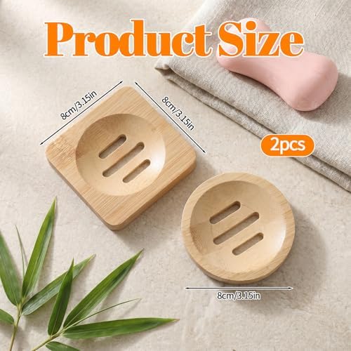 Grevosea 2 Pack Bamboo Soap Dish, Wooden Soap Holder Wood Bar Soap Holder Self Draining Soap Dish Tray for Shower Sink Bathtub Home Kitchen Bathroom Accessories (Round and Square) - Image 2