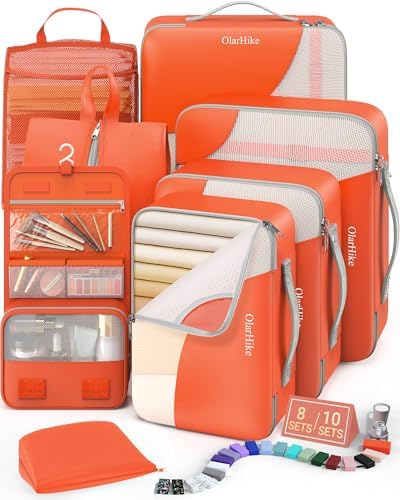 OlarHike Packing Cubes for Travel,Gifts for Women Mom,Anti-Tearing Suitcase Organizer for Luggage with Shoe & Hanging Toiletry Bag,Vacation Essentials & Accessories for Cruise Ship,8 Set,Orange by OlarHike