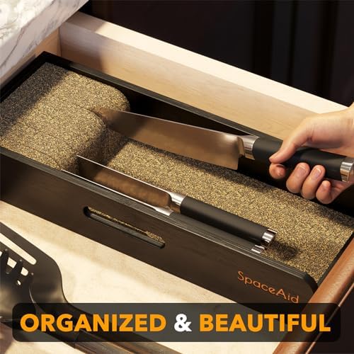 SpaceAid Knife Drawer Organizer Bamboo Insert Dock, Kitchen Steak Knives Holder Organizers Block for Drawer in Storage Organization (Small, Black) - Image 4