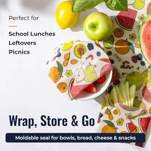 Beeswax Wraps, Reusable Cotton Food Storage Set for Kitchen, Lunch, Bread, Snacks, Bowls. Eco-Friendly Plastic-Free Alternative. 3-Pack Assorted - Fruits by Zero Waste Store - Image 3