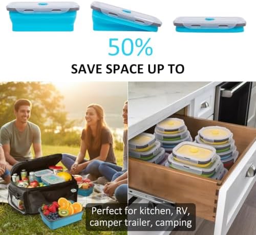 Collapsible Food Storage Containers with Lids 10 Pack(81oz/58oz Extra Large Included), 6 Rectangular+4 Round, Annaklin Silicone Collapsible Food Containers Sets Microwave Freezer Dishwasher Safe, Blue - Image 4
