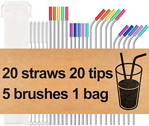 20 Pack Reusable Stainless Steel Metal Straws,10.5" & 8.5" Reusable Drinking Straws with 20 Silicone Tips 5 Straw Brushes 1 Travel Case,Eco Friendly Extra Long Metal Straw Fit for 20 24 30 oz Tumbler by MUTNITT