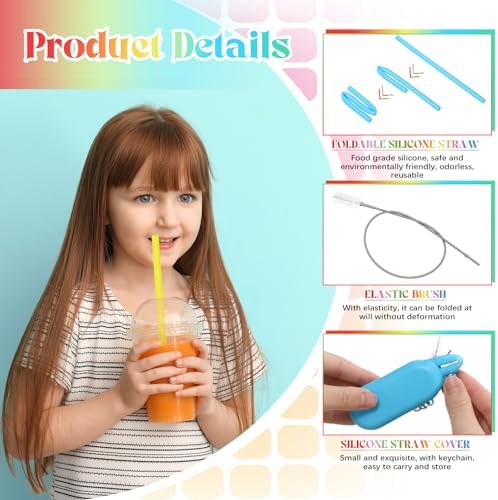 Meanplan 4 Sets Reusable Straws Travel Case Brush Silicone,Rainbow Colors - Image 3