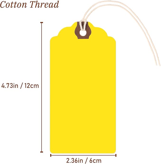 Outus 60 Pcs 4 3/4-in x 2 3/8-in Blank Large Paper Gift Tags with String and Reinforced Eyelet Wire Writable Price Tags Shipping Labels Inventory Labels(Yellow)