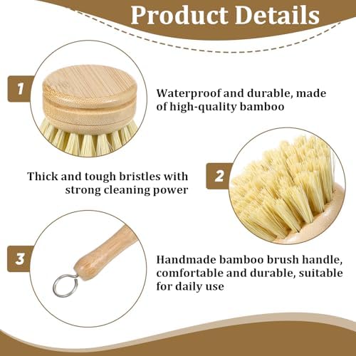 8 Pcs Bamboo Dish Brush with Handle, Natural Sisal Bristle Scrubber Includes 7 Replacement Brush Heads Wooden Kitchen Dish Brushes for Pots, Pans, Bowls, Dishes Cleaning - Image 3
