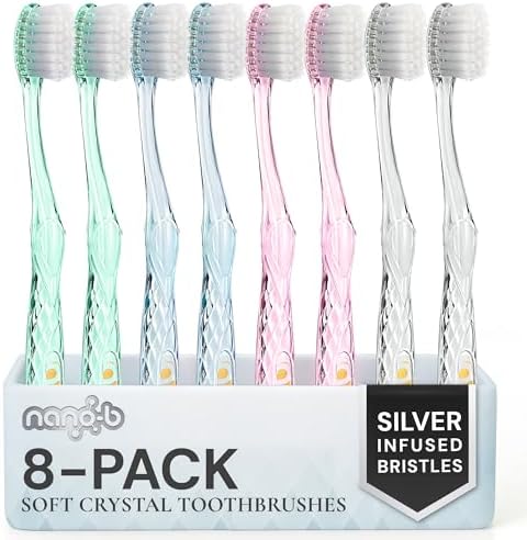 Nano-b Manual Toothbrush Set for Adults with Sensitive Gums, Silver Soft/Medium Bristles, Travel Cases, Blue, Pink, Green, Crystal, 8-Pack by Nano-bPremiumOralCare